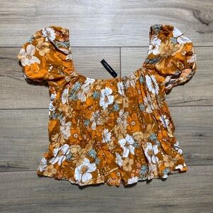 Miss Lili Juniors Floral Cinched Crop Top Size XL Burnt Caramel White Orange